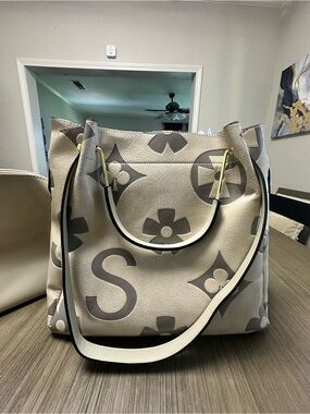 Designer-Inspired Cream Tote Bag with Gray Monogram Pattern